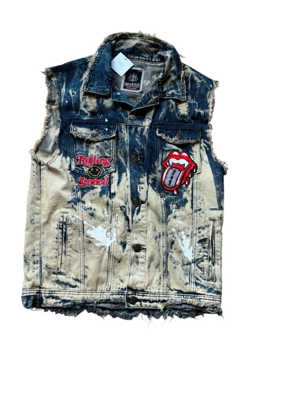Impervious Distressed Denim Vest in Two-Tone Blue/Beige